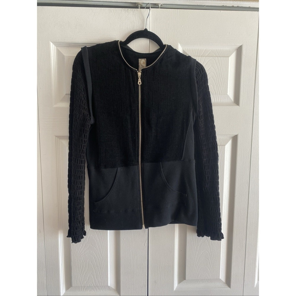Sita Couture Mixed Media Smocked Zip Jacket Womens Size M Black Boho Jute Cotton